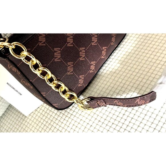2-Nicole Miller Handbags, 1 Shiny Gold, One Brown Patterned w/ Chain Strap, NWT - Picture 4 of 8